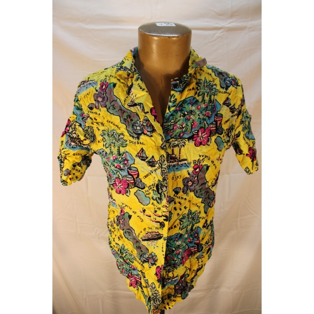 Rafaella Button up Short Sleeve Shirt‎ Yellow Beach Surf Flower